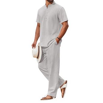 COOFANDY Men's 2 pc Cotton Sets Casual Short Sleeve Henley Shirts and Beach Pants with Pockets