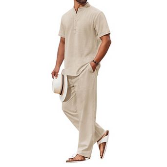 COOFANDY Men's 2 pc Cotton Sets Casual Short Sleeve Henley Shirts and Beach Pants with Pockets