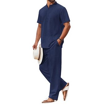 COOFANDY Men's 2 pc Cotton Sets Casual Short Sleeve Henley Shirts and Beach Pants with Pockets