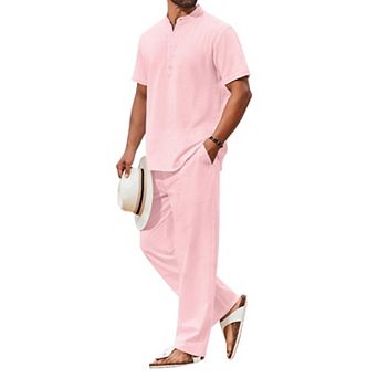 COOFANDY Men's 2 pc Cotton Sets Casual Short Sleeve Henley Shirts and Beach Pants with Pockets