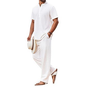 COOFANDY Men's 2 pc Cotton Sets Casual Short Sleeve Henley Shirts and Beach Pants with Pockets