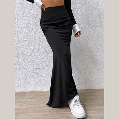 Women's High Waisted Fishtail Ruched Long Skirt