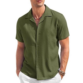 COOFANDY Mens Cuban Guayabera Shirts Short Sleeve Linen Shirt Loose Fit Camp Collar Shirt