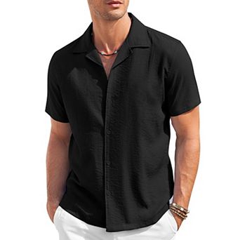 COOFANDY Mens Cuban Guayabera Shirts Short Sleeve Linen Shirt Loose Fit Camp Collar Shirt