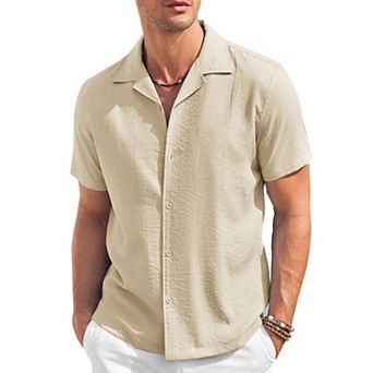 COOFANDY Mens Cuban Guayabera Shirts Short Sleeve Linen Shirt Loose Fit Camp Collar Shirt