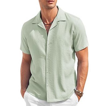 COOFANDY Mens Cuban Guayabera Shirts Short Sleeve Linen Shirt Loose Fit Camp Collar Shirt