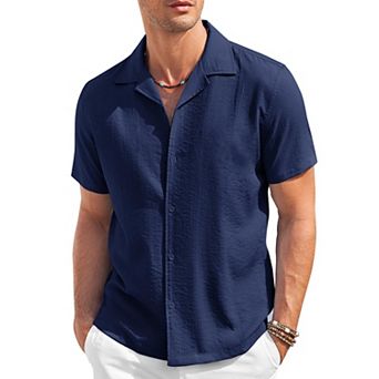 COOFANDY Mens Cuban Guayabera Shirts Short Sleeve Linen Shirt Loose Fit Camp Collar Shirt