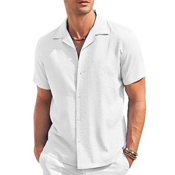 COOFANDY Mens Cuban Guayabera Shirts Short Sleeve Linen Shirt Loose Fit Camp Collar Shirt