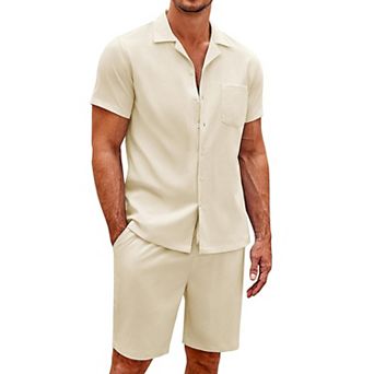 COOFANDY Men's 2 pc Shirt Set Short Sleeve Button Down Casual Hippie Beach TShirts Shorts Outfits