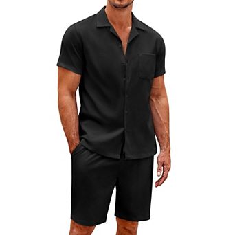 COOFANDY Men's 2 pc Shirt Set Short Sleeve Button Down Casual Hippie Beach TShirts Shorts Outfits