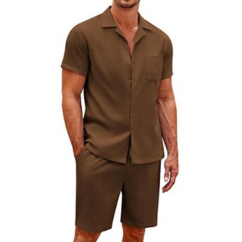 COOFANDY Men's 2 pc Shirt Set Short Sleeve Button Down Casual Hippie Beach TShirts Shorts Outfits