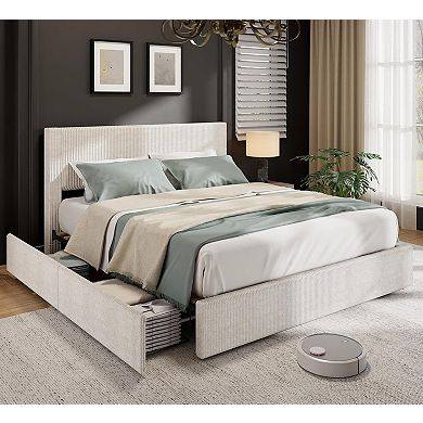 Bed Frame with 4 Storage Drawers - Corduroy Upholstered Platform Bed, Tufted Wingback Headboard