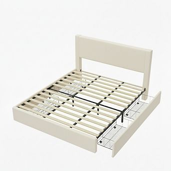 Bed Frame with 4 Storage Drawers - Corduroy Upholstered Platform Bed, Tufted Wingback Headboard