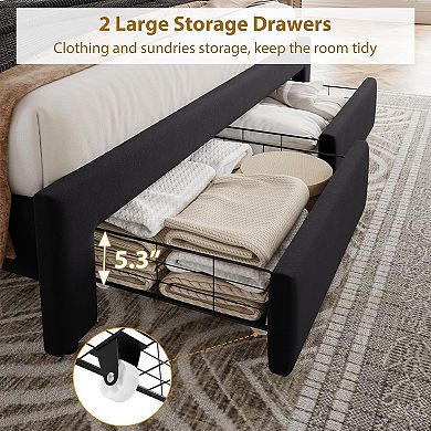 Bed Frame with 2 Storage Drawers, Vintage Velvet Upholstered Bedframe with Headboard