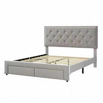 Bed Frame with 2 Storage Drawers, Vintage Velvet Upholstered Bedframe with Headboard