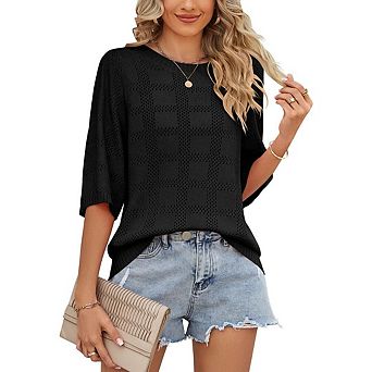 Women's Summer Casual Loose Fit Crew Neck Hollow Out Knit Top Beach Coverup