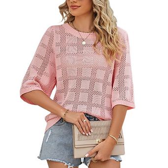 Women's Summer Casual Loose Fit Crew Neck Hollow Out Knit Top Beach Coverup