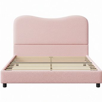 Bed Frame for Kids with Velvet Upholstered Headboard Cute Low Profile Platform Bed