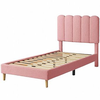 Bed Frame Boucle Upholstered Platform Bed with Wave Headboard for Kids Wooden Slats Support