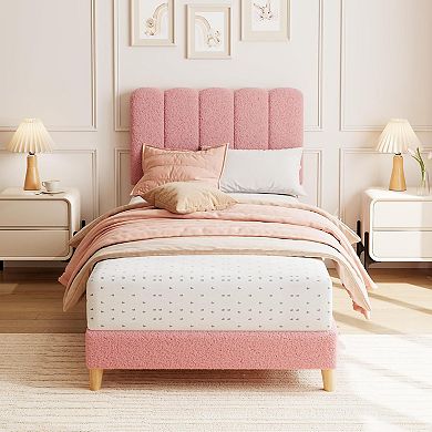Bed Frame Boucle Upholstered Platform Bed with Wave Headboard for Kids Wooden Slats Support