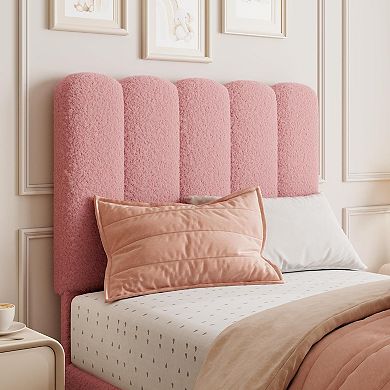 Bed Frame Boucle Upholstered Platform Bed with Wave Headboard for Kids Wooden Slats Support