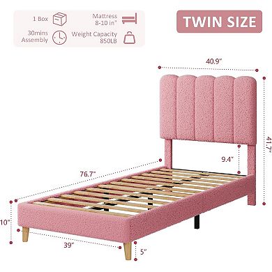 Bed Frame Boucle Upholstered Platform Bed with Wave Headboard for Kids Wooden Slats Support