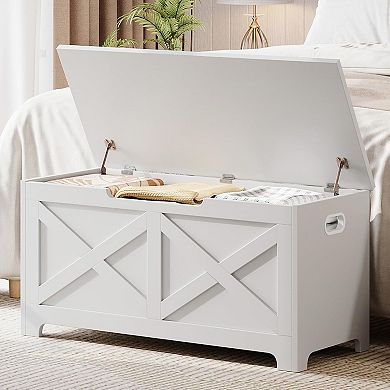 Storage Chest, Storage Bench with Safety Hinge, Farmhouse Style Wooden Trunk for Entryway