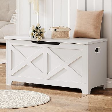 Storage Chest, Storage Bench with Safety Hinge, Farmhouse Style Wooden Trunk for Entryway