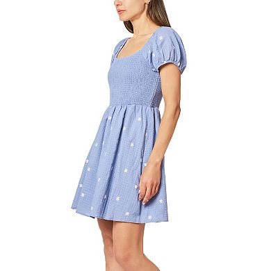 Juniors' WallFlower Embroidered Smocked Bodice Short Sleeve Dress