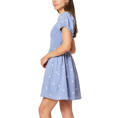 Juniors' WallFlower Embroidered Smocked Bodice Short Sleeve Dress