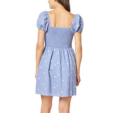 Juniors' WallFlower Embroidered Smocked Bodice Short Sleeve Dress