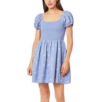 Juniors' WallFlower Embroidered Smocked Bodice Short Sleeve Dress
