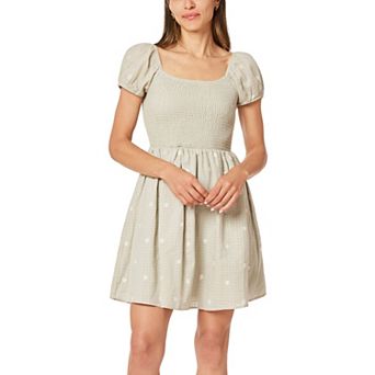 Juniors' WallFlower Embroidered Smocked Bodice Short Sleeve Dress