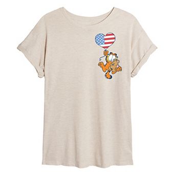 Juniors' Garfield USA Flag Heart Balloon Oversized Tee