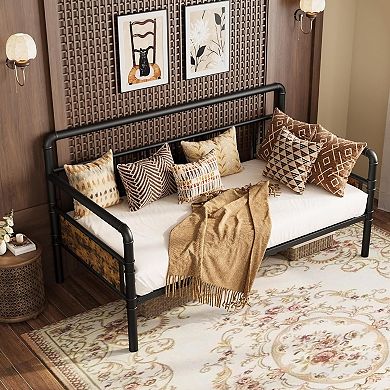Twin Size Daybed Frame with Headboard - Sturdy Metal MDF Sofa Bed for Living Room