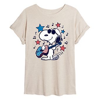 Juniors' Peanuts Joe Cool Americana Guitar Oversized Tee
