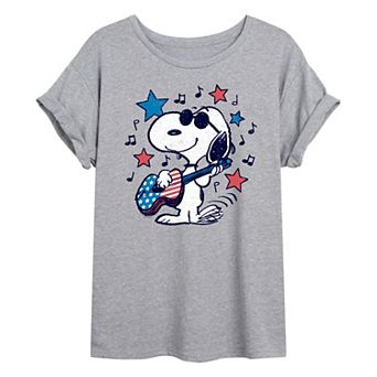 Juniors' Peanuts Joe Cool Americana Guitar Oversized Tee