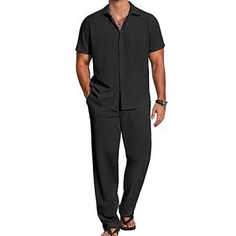 COOFANDY Mens Linen Suits 2 pc Set Casual Loose Pants Vacation Outfits Short Sleeve Island Shirt