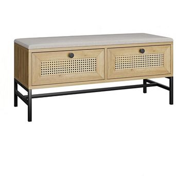 Rattan Shoe Bench Entryway Bench with Storage Drawer, Wooden Storage Bench with Cushion, NaturalOak