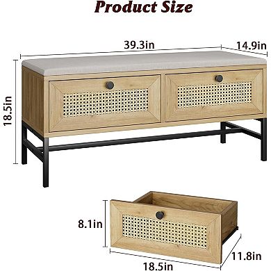 Rattan Shoe Bench Entryway Bench with Storage Drawer, Wooden Storage Bench with Cushion, NaturalOak