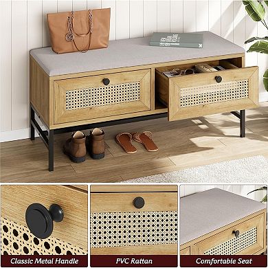 Rattan Shoe Bench Entryway Bench with Storage Drawer, Wooden Storage Bench with Cushion, NaturalOak