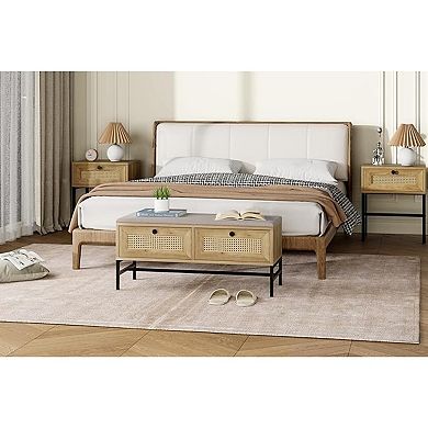 Rattan Shoe Bench Entryway Bench with Storage Drawer, Wooden Storage Bench with Cushion, NaturalOak