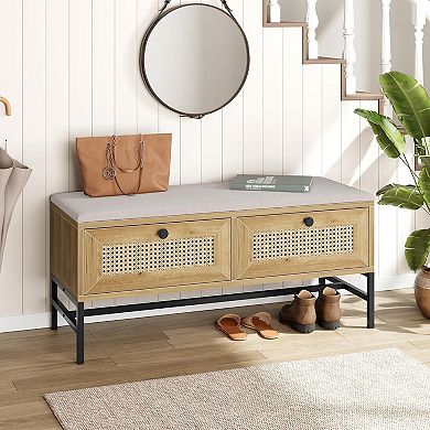 Rattan Shoe Bench Entryway Bench with Storage Drawer, Wooden Storage Bench with Cushion, NaturalOak
