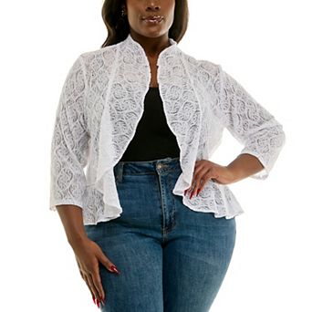 Plus Size Nina Leonard Ruffle Front Lace Bolero Sweater