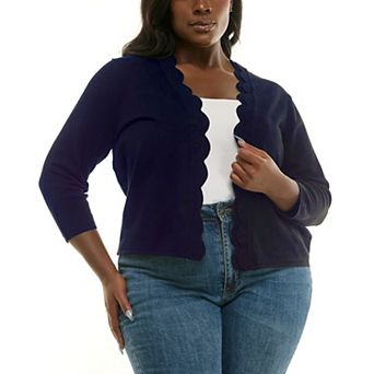 Plus Size Nina Leonard Long Sleeve Knit Scallop Bolero Sweater