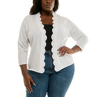 Plus Size Nina Leonard Long Sleeve Knit Scallop Bolero Sweater