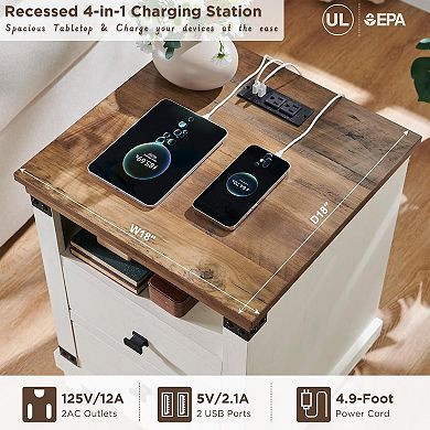 Farmhouse Nightstand Set of 2 with Charging Station, 18" Rustic Night Stand Wood End Table