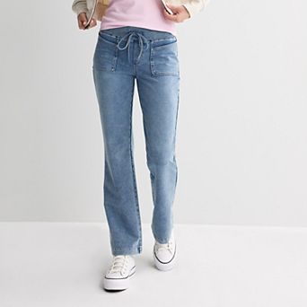 Juniors' Vanilla Star Ribbed Waist Pull On Bootcut Jeans