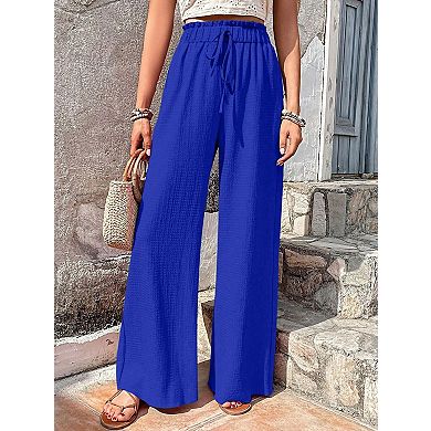 Women's High Waisted Wide Leg Pants Lightweight Textured Drawstring Flowy Casual Trousers