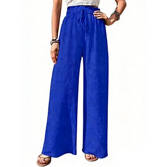 Women's High Waisted Wide Leg Pants Lightweight Textured Drawstring Flowy Casual Trousers